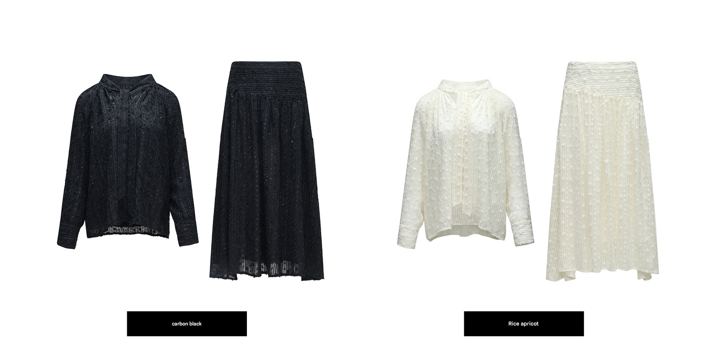 WANGXO | 3D Granular Jacquard Micro-Wrinkle Streamer V-Neck Top & Skirt Set- ADA.