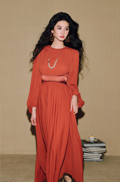 WANGXO | Double-Sided Messy Linen Hand-Spliced Satin Waist Hem Dress - NÍLA.