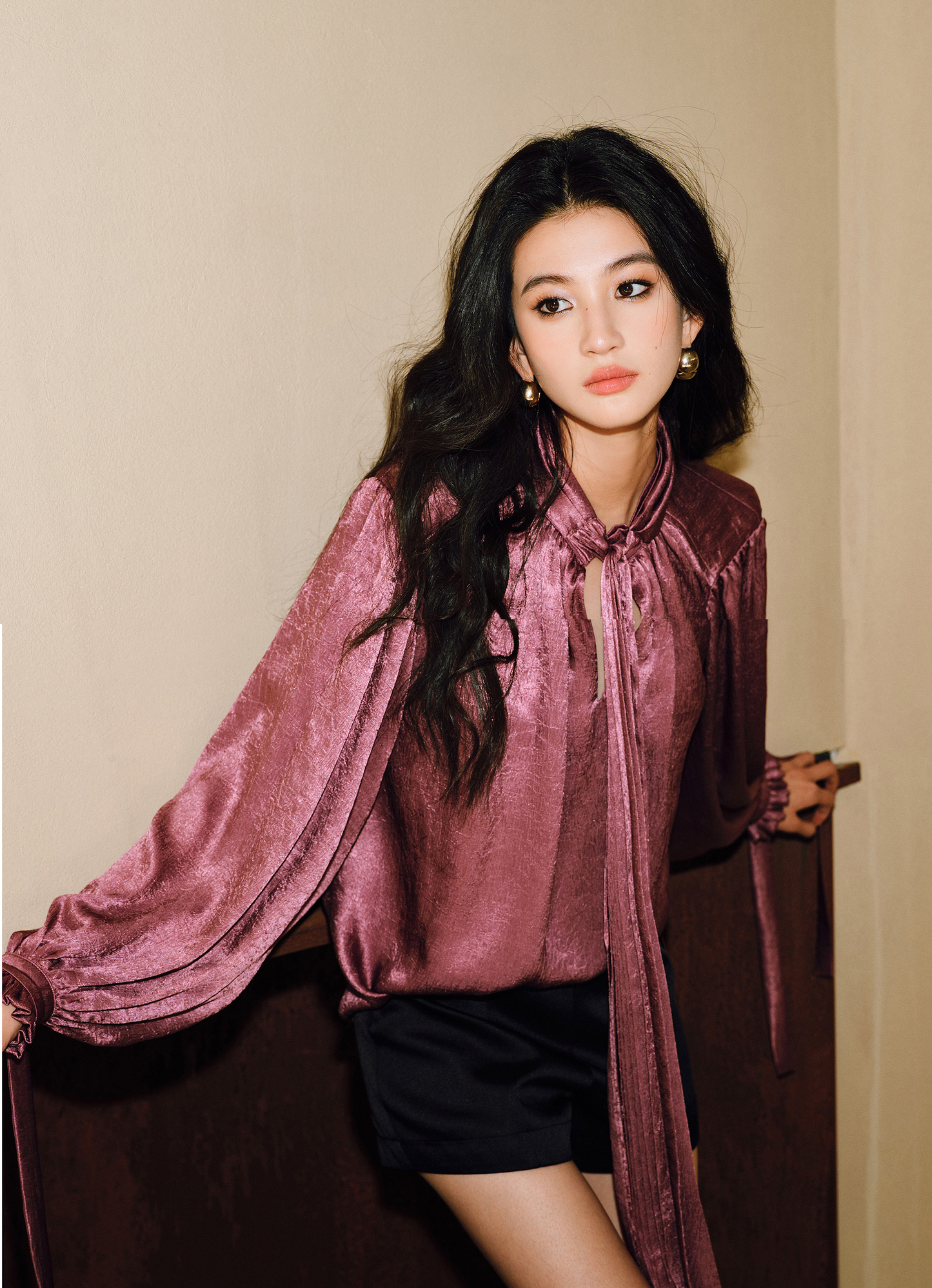 WANGXO | Glossy Satin Scratch & Bright Silk Interlace Pleated Streamer V-Neck Shirt -FÍYA.