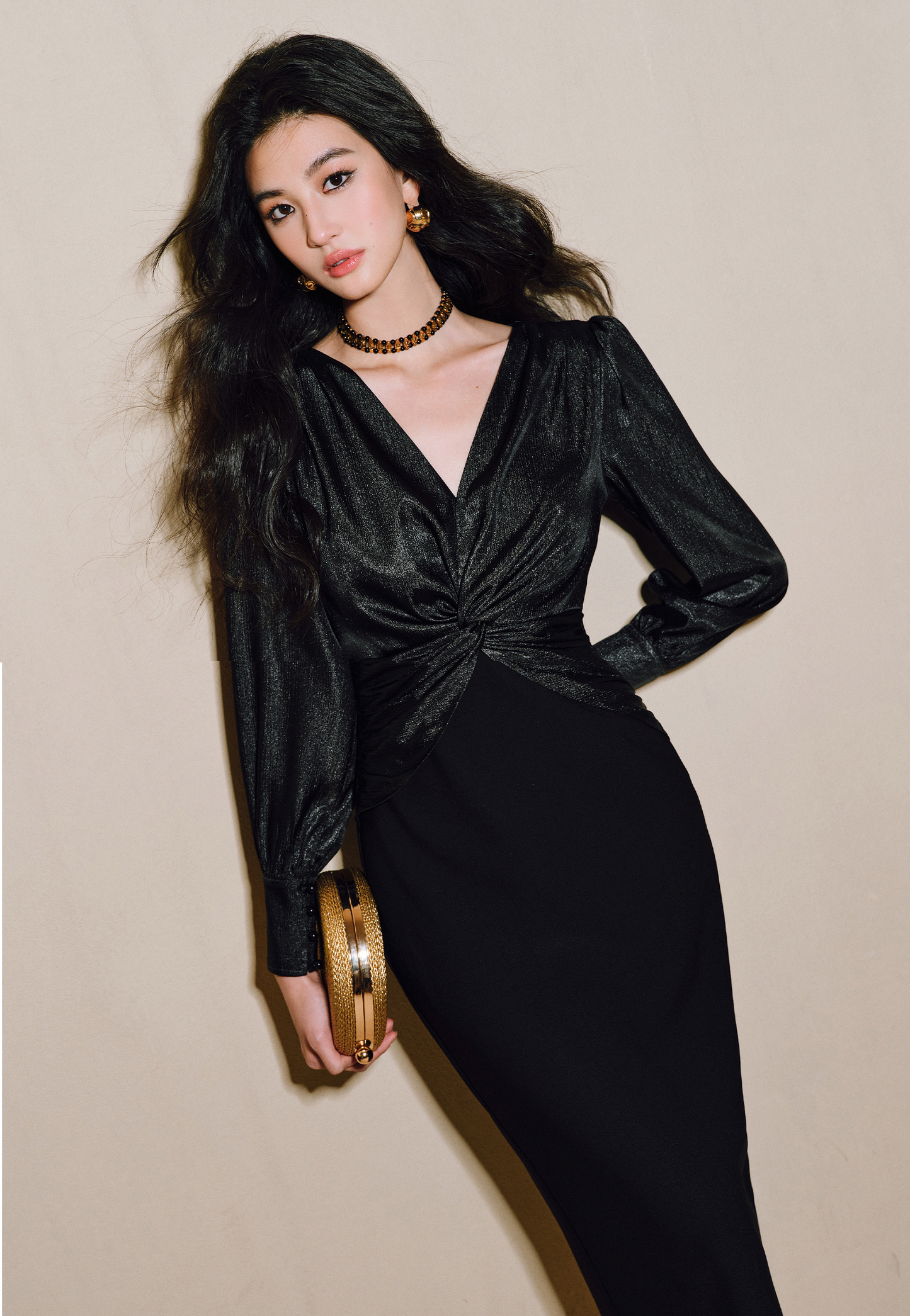 WANGXO | Wrinkled Bright Silk Satin Hemp V-Neck Twisted Waist Slim Dress -ZAYA.