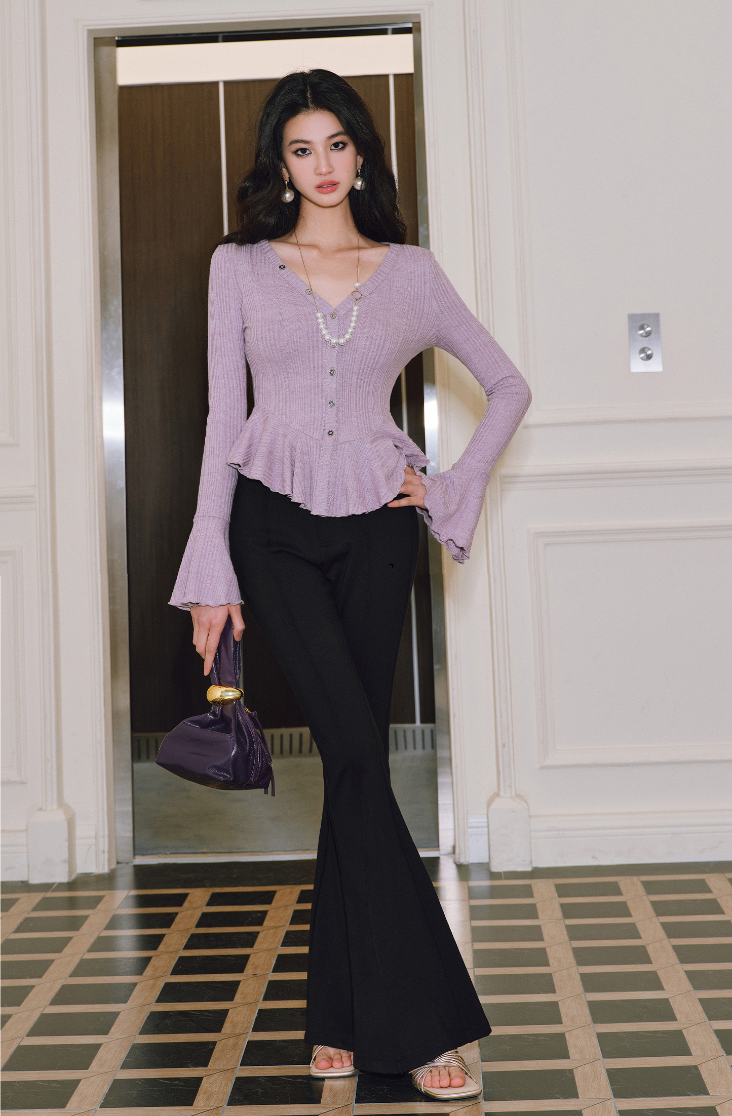 WANGXO | Bright Silk Knit V-Neck Waist Ruffle Top -SÁYA.
