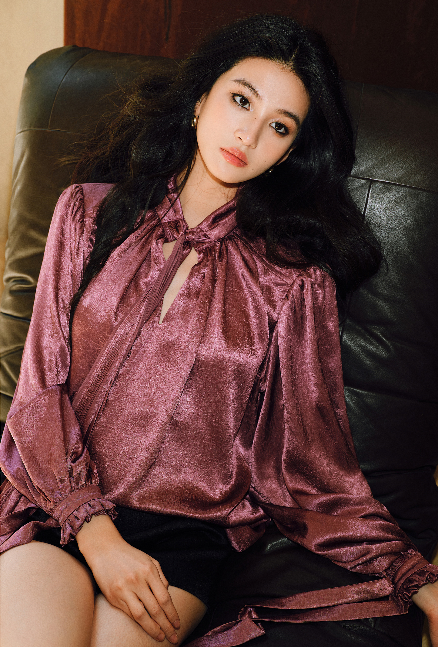 WANGXO | Glossy Satin Scratch & Bright Silk Interlace Pleated Streamer V-Neck Shirt -FÍYA.
