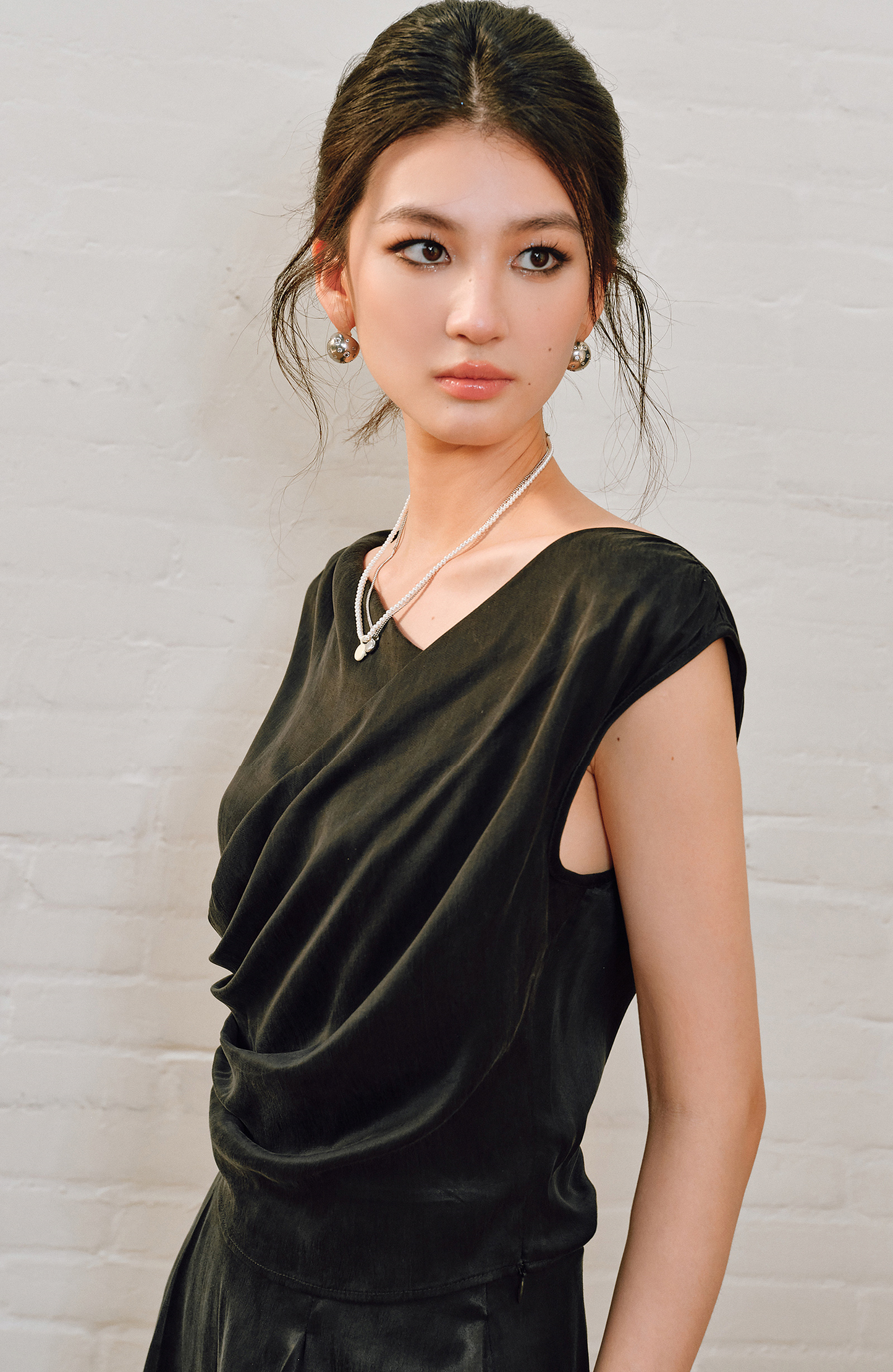 WANGXO | Sleek Cupro Asymmetrical Top and Highwaisted Pants Set -ELENORA.