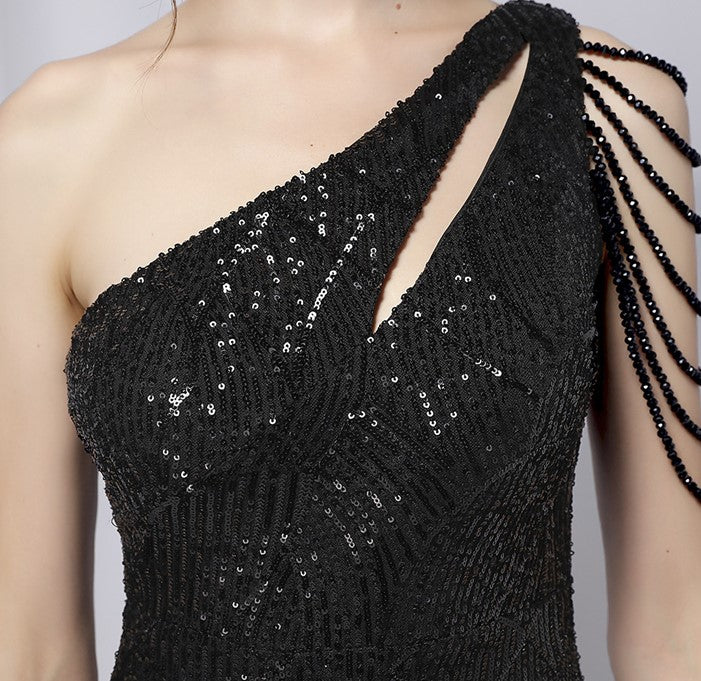 DOLLY Elegant Slant Collar Sleeveless Splice Sequin Slim Fit Dinner Guest Dress-NANA