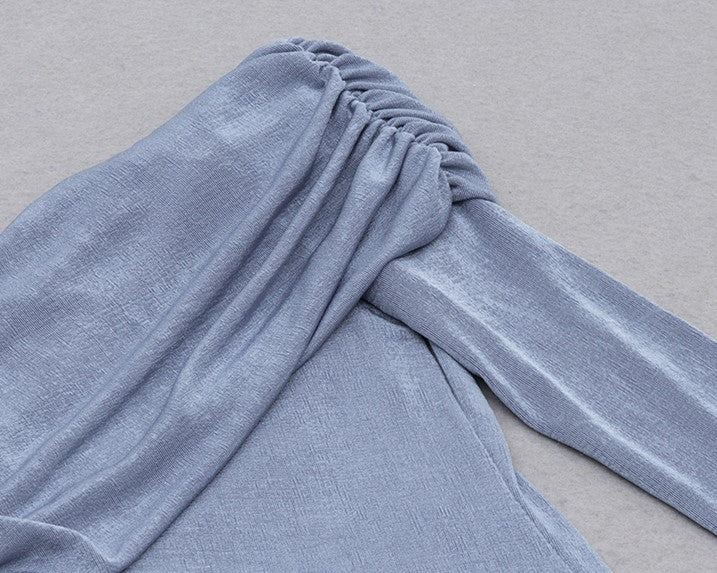 DOLLY Luxury Fog Blue Pleated Off Shoulder Slant Collar Long Sleeve Banquet Dress-MAYA