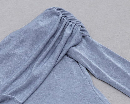 DOLLY Luxury Fog Blue Pleated Off Shoulder Slant Collar Long Sleeve Banquet Dress-MAYA