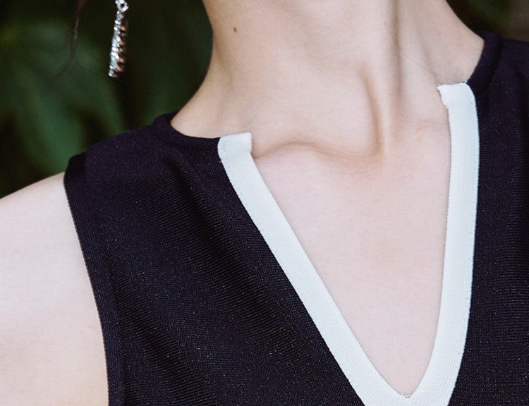 DOLLY High End Black and White V-Neck Sleeveless Slim Fit High Slit Sexy Dress-ESTER