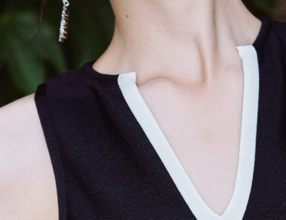 DOLLY High End Black and White V-Neck Sleeveless Slim Fit High Slit Sexy Dress-ESTER