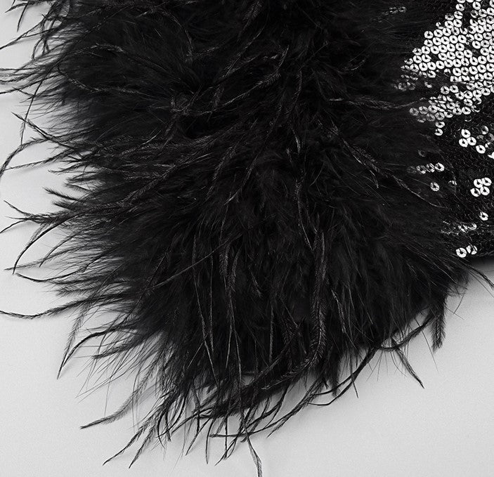 DOLLY Elegant Black One Shoulder Sequin Tube Top Short Feather Party Dress-MAVIS