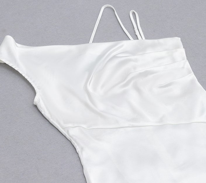 DOLLY Elegant Blue French Style Satin Sleeveless Pleated Hip Long Slit Dinner Dress-AVA