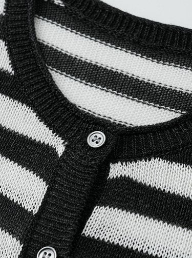 SUSHE light hollow texture striped short-sleeved knit sweater new stretch loose top -BESS