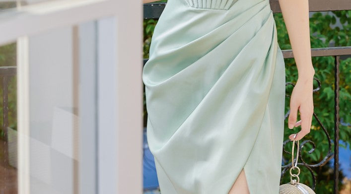 DOLLY Elegant French Style Herringbone One Shoulder Irregular Hem Dinner Dress-SALOMI