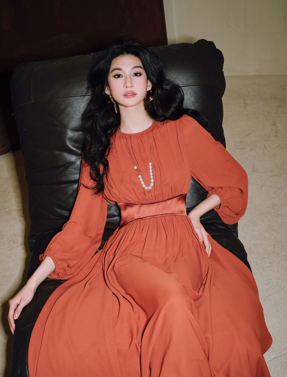 WANGXO | Double-Sided Messy Linen Hand-Spliced Satin Waist Hem Dress - NÍLA.