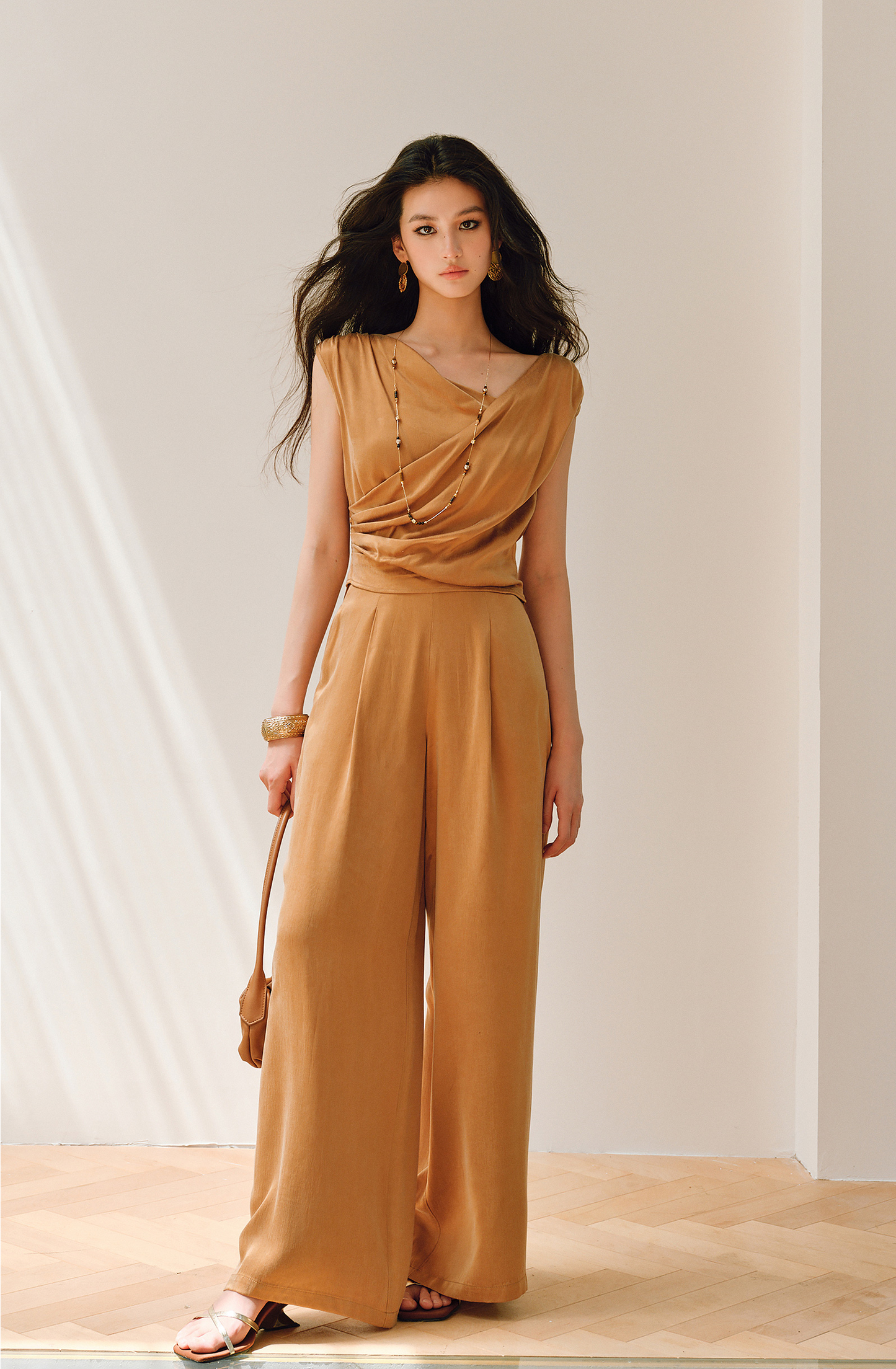 WANGXO | Sleek Cupro Asymmetrical Top and Highwaisted Pants Set -ELENORA.