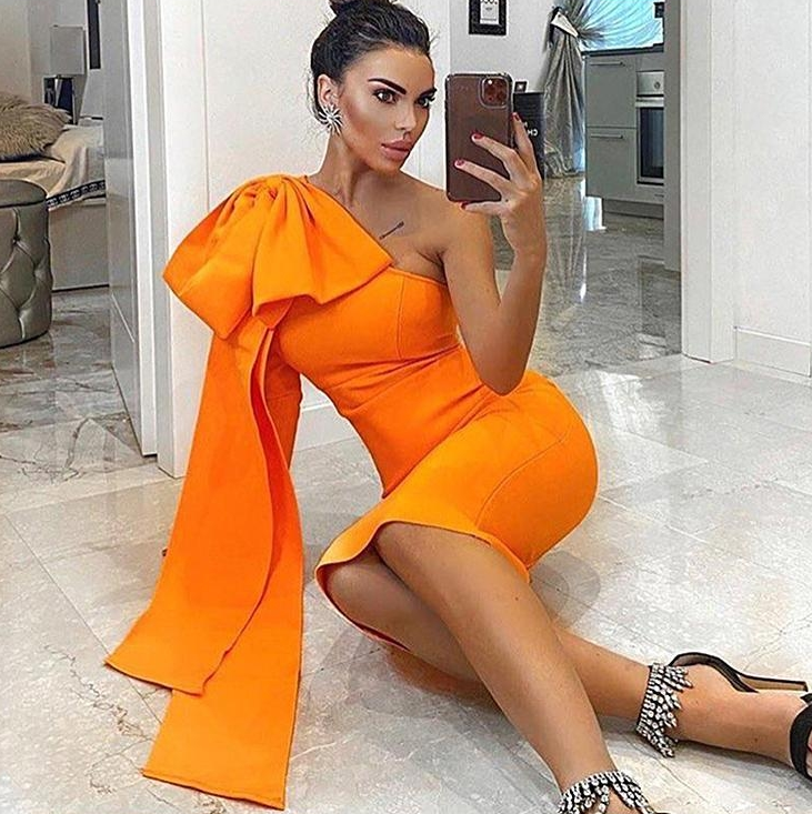 DOLLY Elegant Slant Collar Long Sleeve Bow Drape Body Hug Dinner Dress-CALA