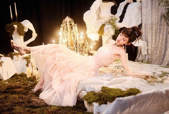 DOLLY Luxury Peach Pink French Style Tube Top Sleeveless High Waist Prom Dress-PEACHES