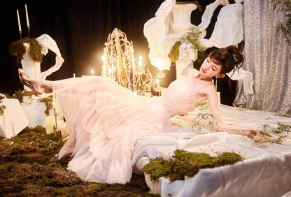 DOLLY Luxury Peach Pink French Style Tube Top Sleeveless High Waist Prom Dress-PEACHES