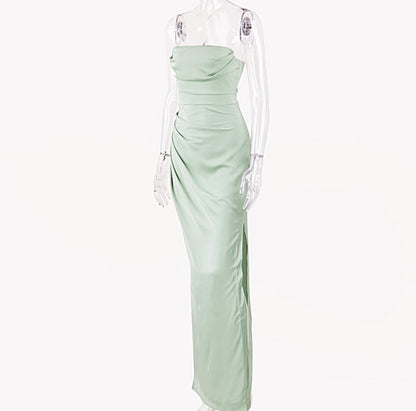 DOLLY Luxury Mint Green Sleeveless Off Shoulder Chest Wrap Long Slit Dinner Dress-CAT