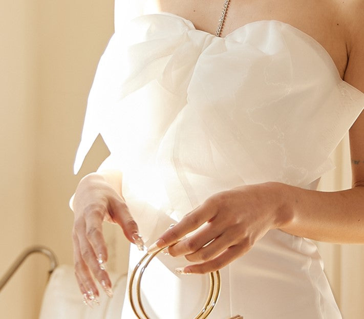 DOLLY Elegant White French Style Big Bow Long Fish Tail Cocktail Dress-FREYA