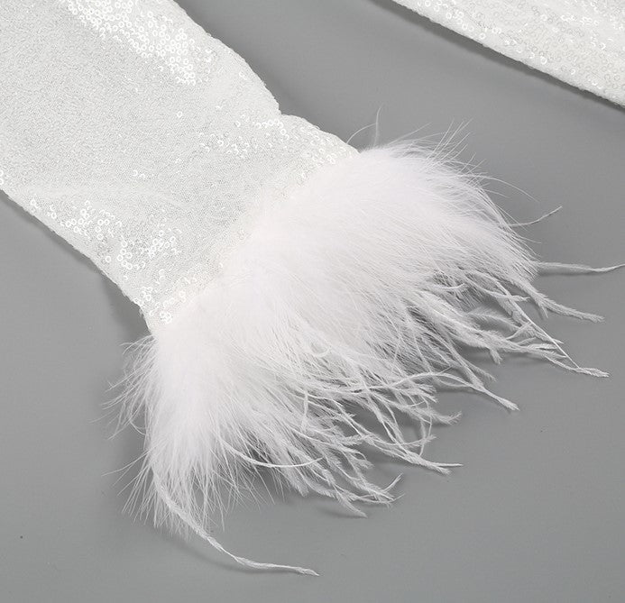 DOLLY Elegant White Crew Neck Long Sleeve Short Sequin Sexy Birthday Dress-LAYLA