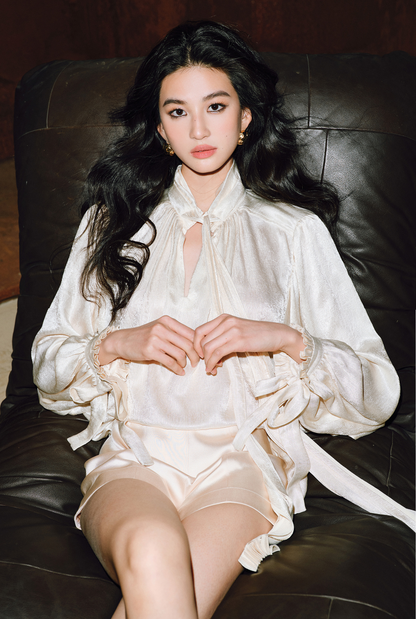 WANGXO | Glossy Satin Scratch & Bright Silk Interlace Pleated Streamer V-Neck Shirt -FÍYA.