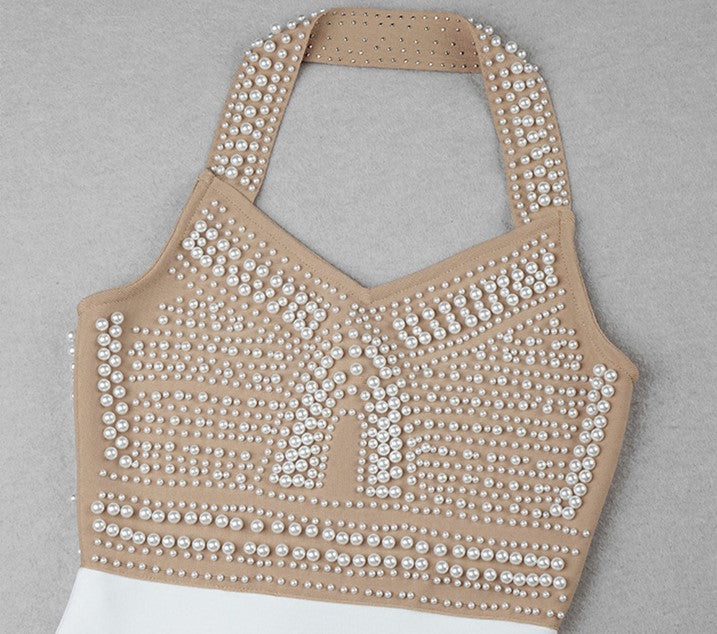 DOLLY High End V-Neck Sleeveless Halter Neck Pearl Body Hug Long Party Dress-CHARMAINE