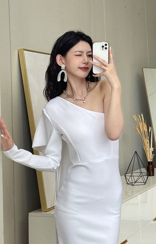 DOLLY Elegant Slant Collar Long Sleeve Bow Drape Body Hug Dinner Dress-CALA