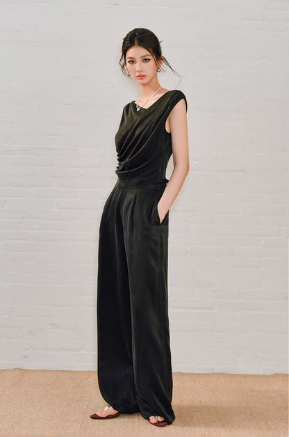 WANGXO | Sleek Cupro Asymmetrical Top and Highwaisted Pants Set -ELENORA.