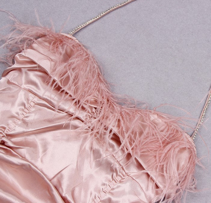 DOLLY Pink Sleeveless Diamond Chain Pleated Suspender Short Feather Dress-ZIXUAN