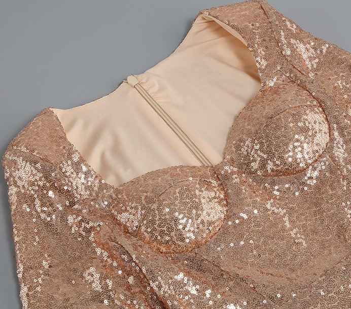 DOLLY Elegant Red Square Collar Long Sleeve Slim Fit Short Sequin Cocktail Dress-QUEEEN