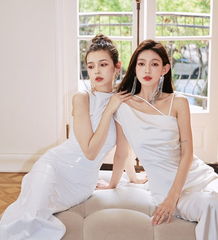 DOLLY Elegant Blue French Style Satin Sleeveless Pleated Hip Long Slit Dinner Dress-AVA