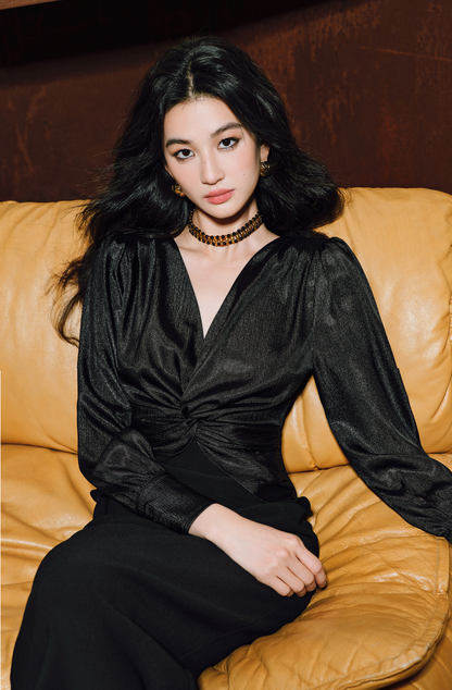 WANGXO | Wrinkled Bright Silk Satin Hemp V-Neck Twisted Waist Slim Dress -ZAYA.