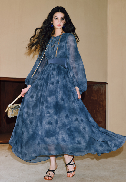 WANGXO | Double-Sided Messy Linen Hand-Spliced Satin Waist Hem Dress - NÍLA.