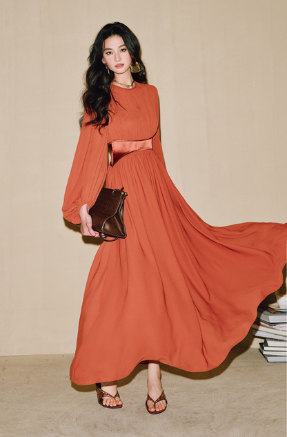 WANGXO | Double-Sided Messy Linen Hand-Spliced Satin Waist Hem Dress - NÍLA.