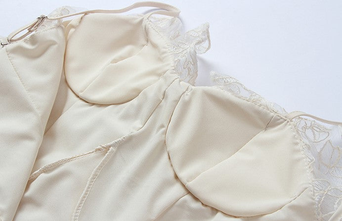 DOLLY Elegant French Style Cream Ruffled Lace Fake Two Piece Midi Dinner Dress-KAKA