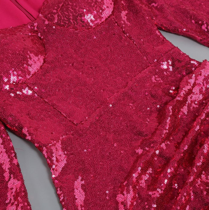 DOLLY Elegant Red Square Collar Long Sleeve Slim Fit Short Sequin Cocktail Dress-QUEEEN