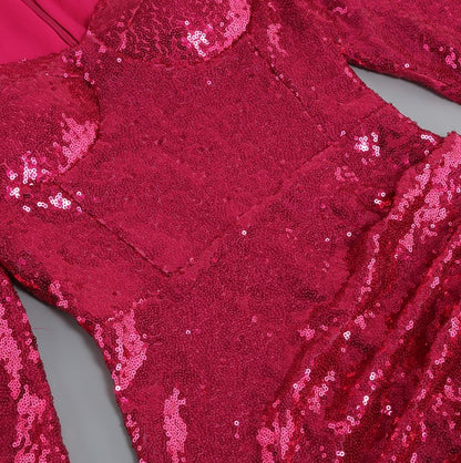 DOLLY Elegant Red Square Collar Long Sleeve Slim Fit Short Sequin Cocktail Dress-QUEEEN