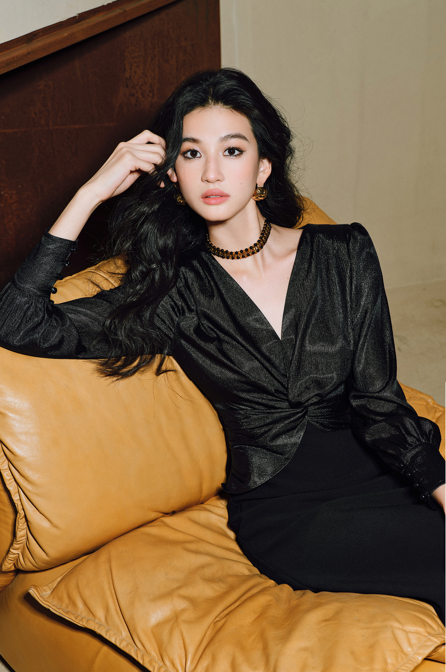 WANGXO | Wrinkled Bright Silk Satin Hemp V-Neck Twisted Waist Slim Dress -ZAYA.