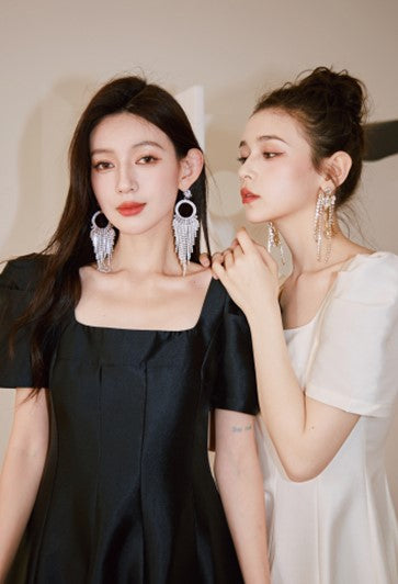 DOLLY Elegant Retro Square Neck Short Puff Sleeve Satin Long A-Line Dress-BAMBI