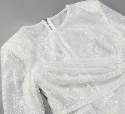 DOLLY Elegant White Crew Neck Long Sleeve Short Sequin Sexy Birthday Dress-LAYLA