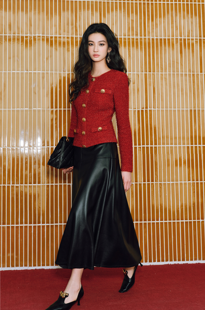 WANGXO | Luxurious Glossy Protein Leather Sheepskin A-Swing Skirt-ZARA.