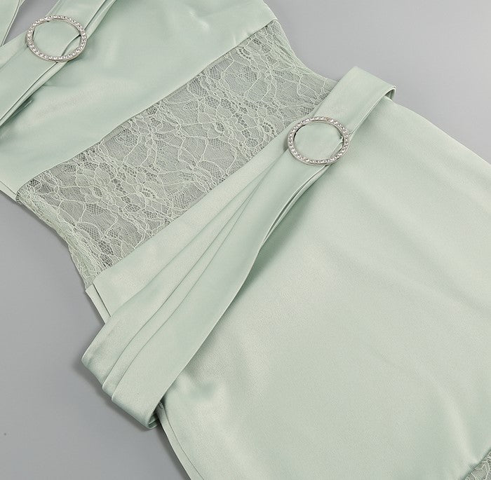 DOLLY Luxury Mint Slant Collar Sleeveless High Waist Long Fish Tail Lace Dress-LARISA