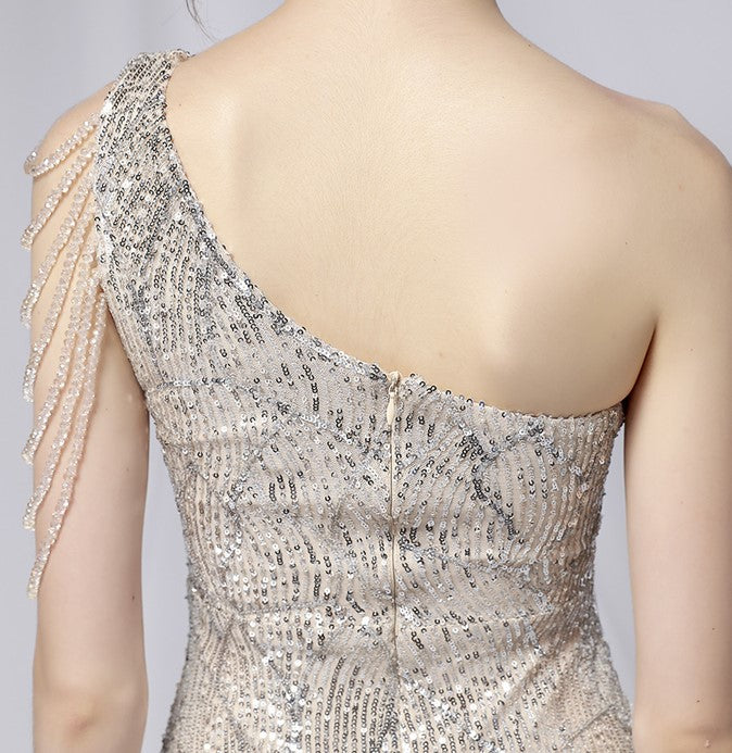 DOLLY Elegant Slant Collar Sleeveless Splice Sequin Slim Fit Dinner Guest Dress-NANA