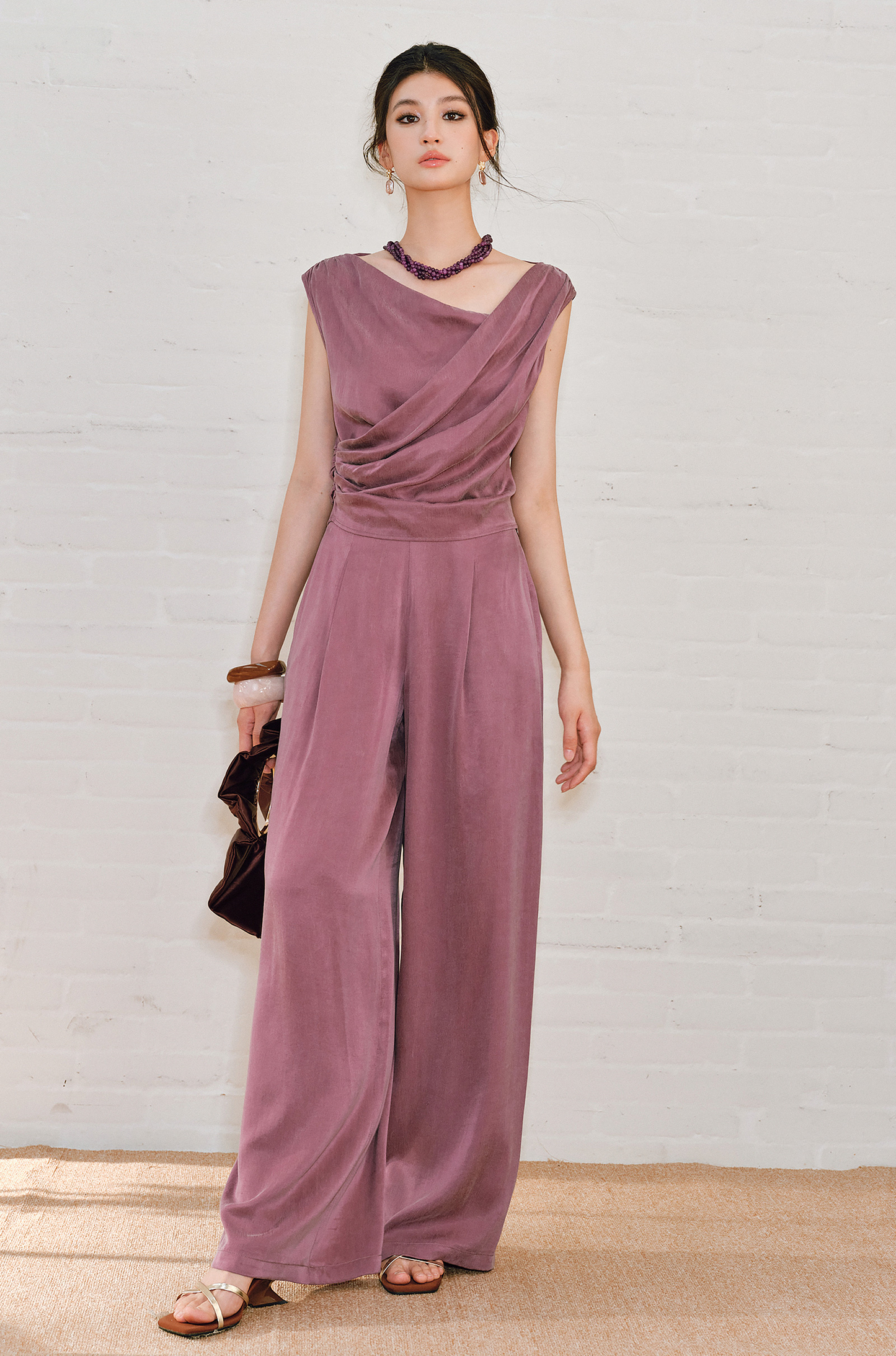 WANGXO | Sleek Cupro Asymmetrical Top and Highwaisted Pants Set -ELENORA.