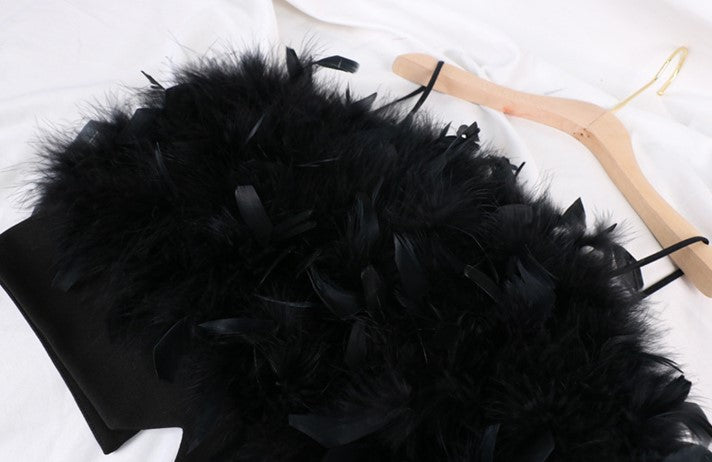 DOLLY Elegant Black Sleeveless Feather Off Shoulder Long Sleeve Party Dress-CHRIS