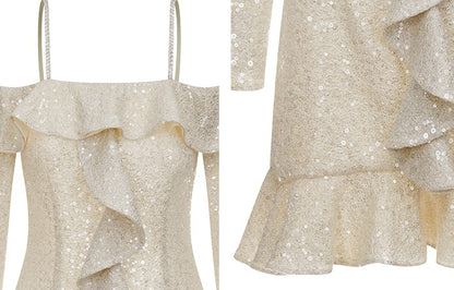 Wardrobes by Chen Elegant Beige Golden Strap Long Sleeve Ruffle Party Dress-TRUDY