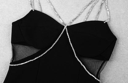 DOLLY High End Black Retro Style V-Neck Sleeveless Diamond Chain Long Dress-GENEVIEVE