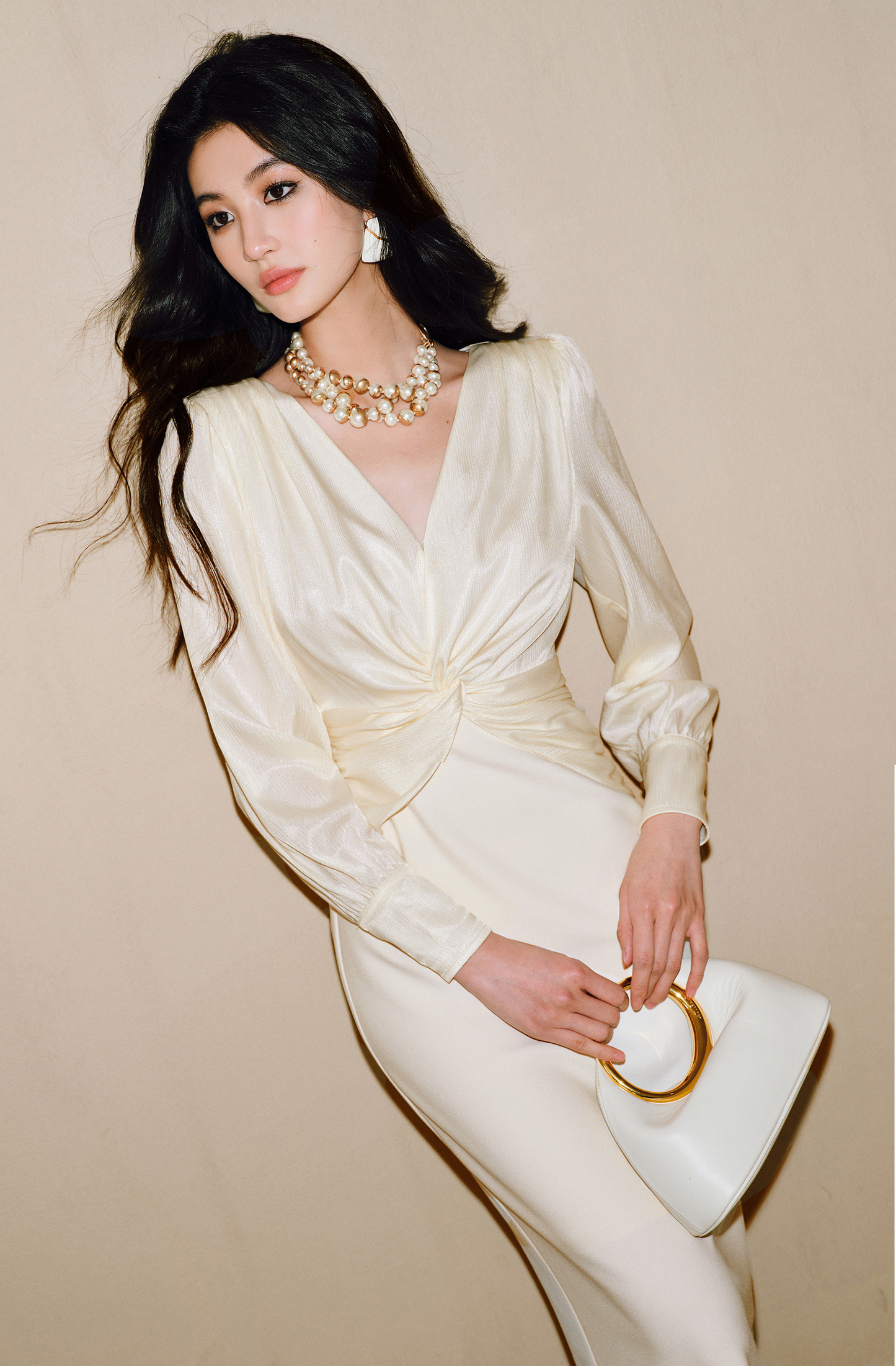 WANGXO | Wrinkled Bright Silk Satin Hemp V-Neck Twisted Waist Slim Dress -ZAYA.