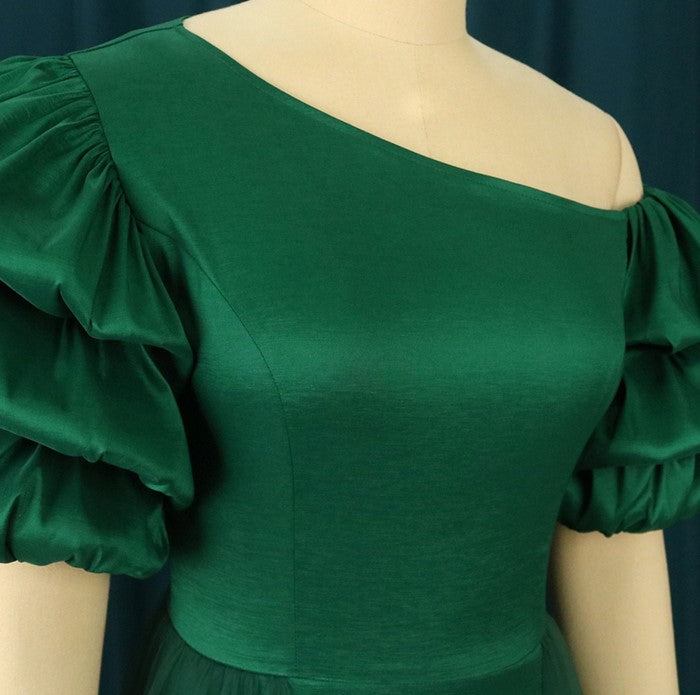 DOLLY Elegant Dark Green Retro Style Slant Collar Short Puff Sleeve Short Banquet Dress-CHITAH
