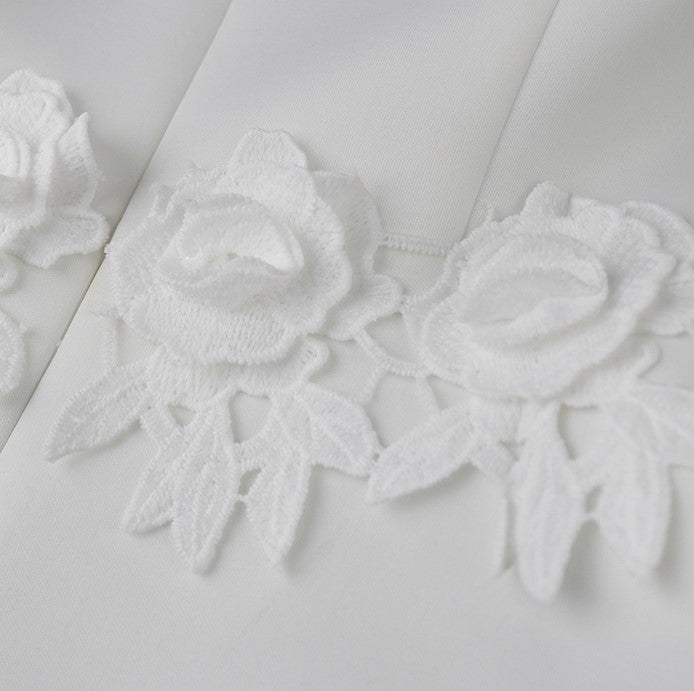 DOLLY Elegant White Slant Collar Short Ruffle Sleeves Midi A-Line Dinner Dress-CRYSTA